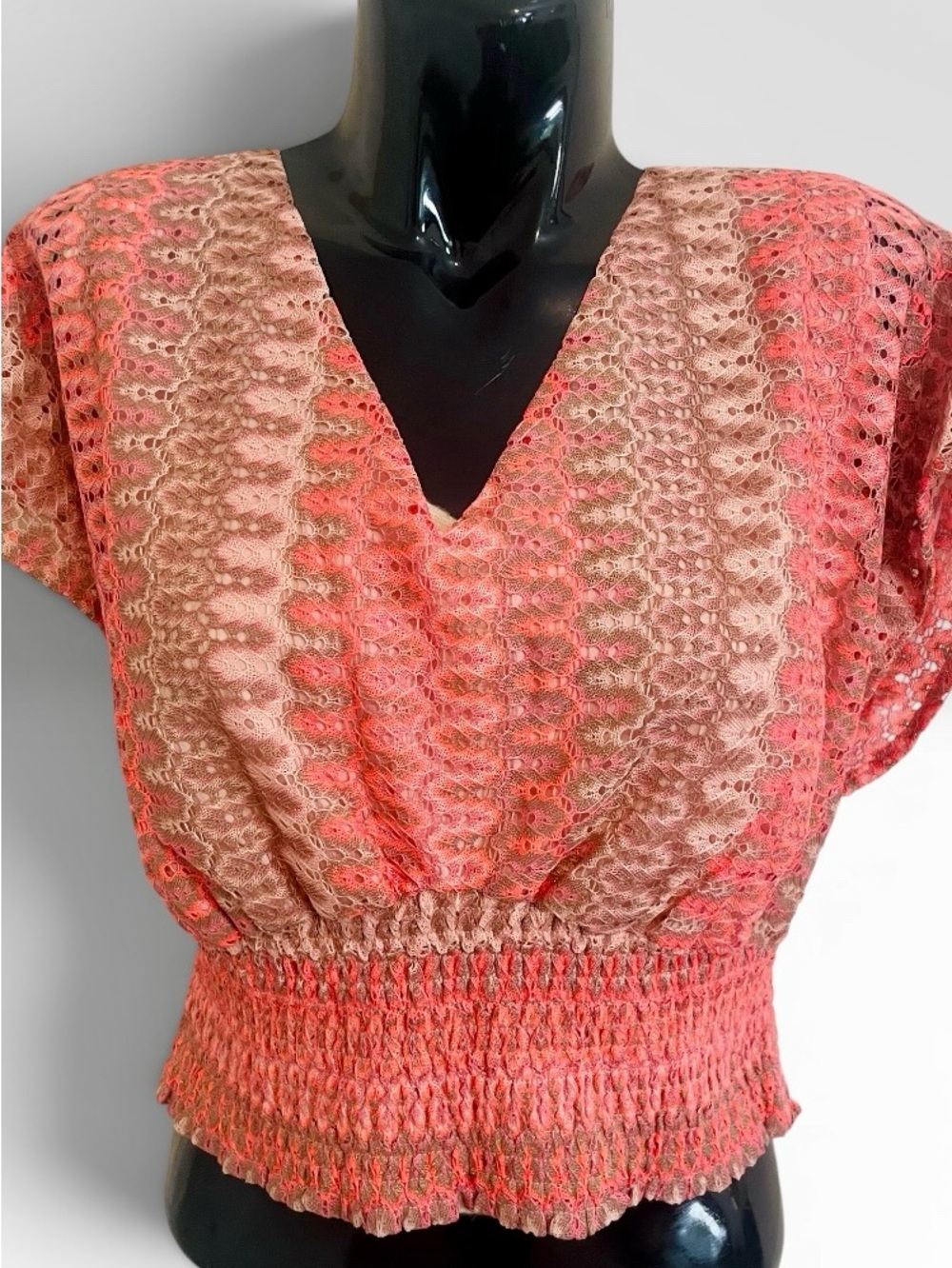 Davi & Dani Sahara Breeze Pink Coral V-Neck Cropped Smocked Waist Top Boho